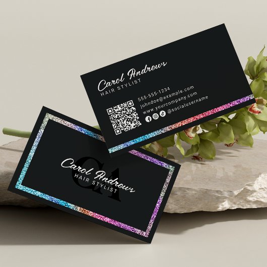 Moderne Regenboog Glitter & Zwarte Kapper QR Code Visitekaartje