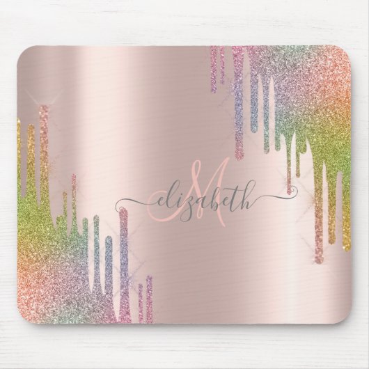 Moderne regenboog glitters rose goud monogram muismat (Voorkant)