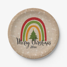 Moderne Regenboog Kerstboom 20xx Jaar 7 toevoegen" Papieren Bordje