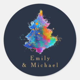 Moderne Regenboog Kerstboom Marineblauw Op Maat Ronde Sticker