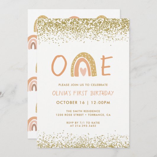 Moderne Regenboog Meisje Eerste Verjaardagsuitnodi Kaart (Voorkant / Achterkant)