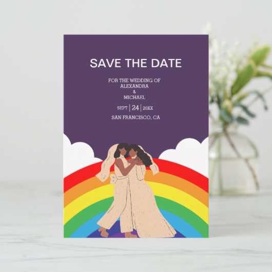 Moderne regenboog twee bruidjes LGBTQ bruiloft Save The Date (Staand voorkant)