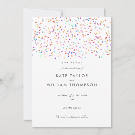 Moderne regenboogbruiloft Confetti Save The Date (Voorkant)