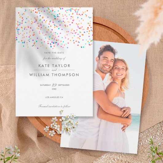 Moderne regenboogbruiloft Confetti Save The Date