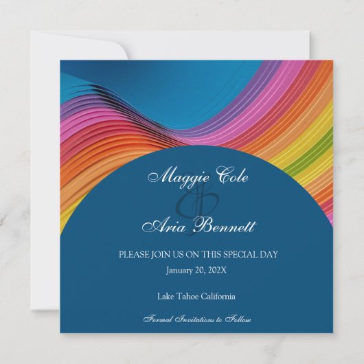 Moderne regenbooggolf bespaart de datum save the date (Achterkant)