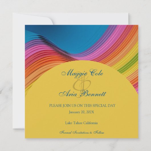 Moderne Regenbooggolf Save The Date (Achterkant)