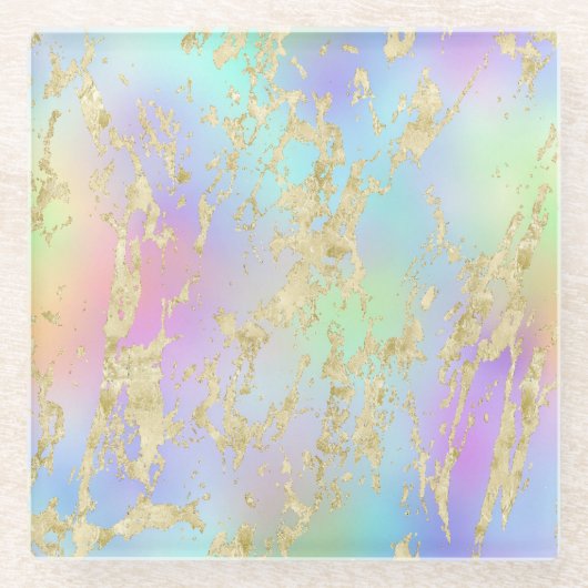 Moderne regenbooggradiënt en gouden marmerpatroon glazen onderzetter (Voorkant)