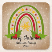 Moderne regenboogkerst Holly 20xx jaar tekst Kartonnen Onderzetters (Voorkant)