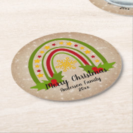 Moderne regenboogkerst Holly 20xx jaar tekst Ronde Kartonnen Onderzetter