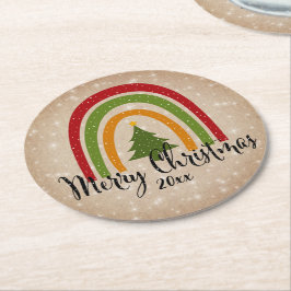 Moderne regenboogkerstboom 20xx voegt jaar toe ronde kartonnen onderzetter
