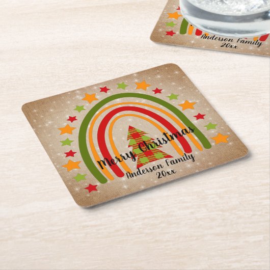 Moderne regenboogkerstpannen Boom 20xx tekst Kartonnen Onderzetters (Schuin)