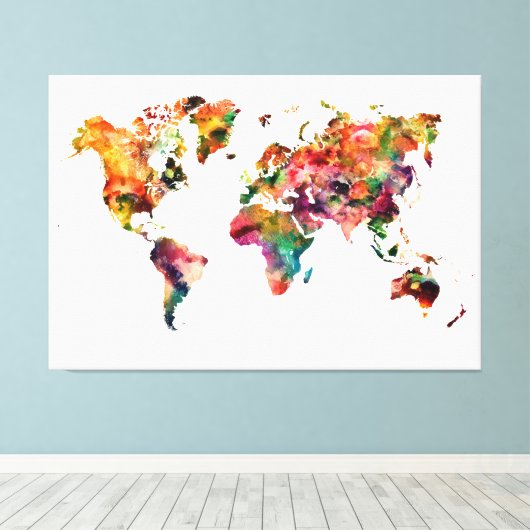 Moderne regenboogkleurige Waterverf Wereldkaart Canvas Afdruk (Insitu (Houten vloer))