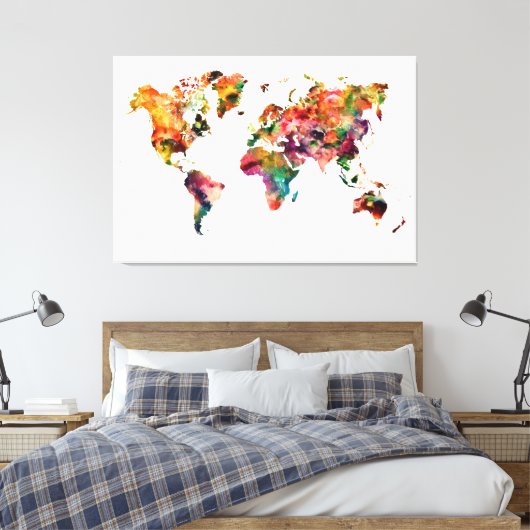 Moderne regenboogkleurige Waterverf Wereldkaart Canvas Afdruk (Insitu (Slaapkamer))