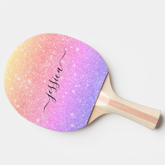 Moderne regenbooglitter scriptnaam tafeltennisbatje (Zijkant)