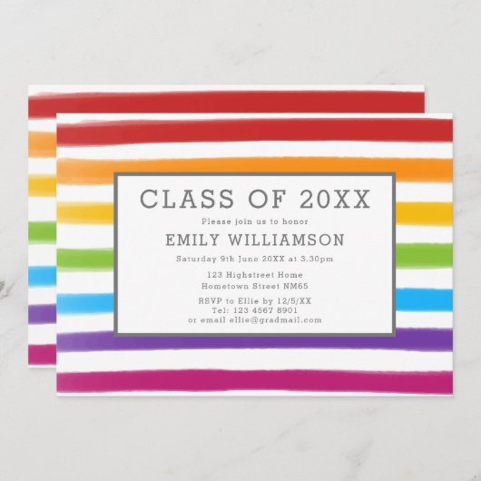 Moderne regenboogstrepen waterverf afstudeerfeest kaart (Voorkant / Achterkant)