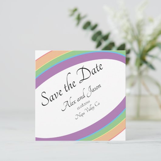 Moderne regenboogweddenschap bespaart de datum (Staand voorkant)