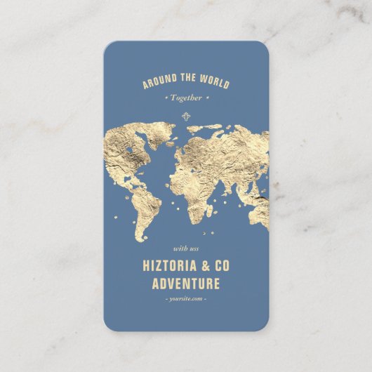 Moderne Reisplanner Blauw Gouden Wereldkaart Visitekaartje (Voorkant)