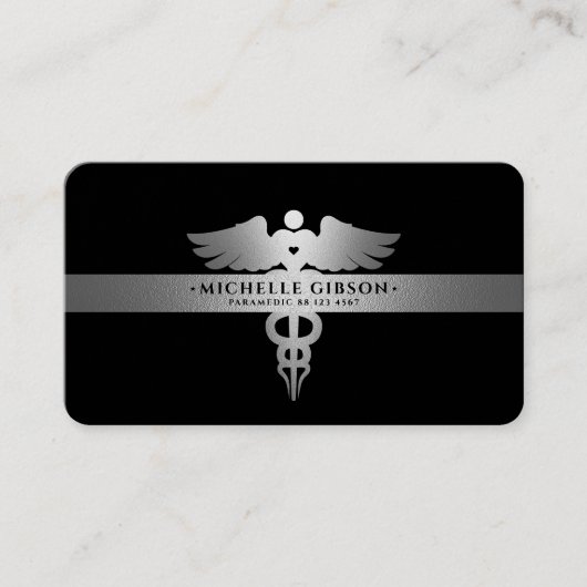 Moderne reisverpleegster Caduceus Black Silver Visitekaartje (Voorkant)