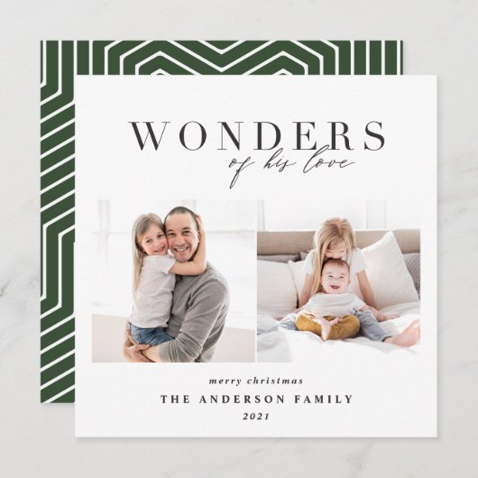 Moderne religieuze 2 foto kerstgroen geometrisch feestdagenkaart (Voorkant / Achterkant)