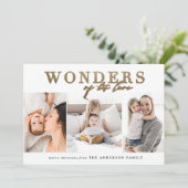 Moderne religieuze chic gouden multi foto kerst feestdagenkaart (Staand voorkant)