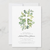 Moderne Religieuze Cross Greenery Christening Kaart (Voorkant)