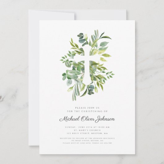 Moderne Religieuze Cross Greenery Christening Kaart (Voorkant)