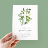 Moderne Religieuze Cross Greenery Christening Kaart