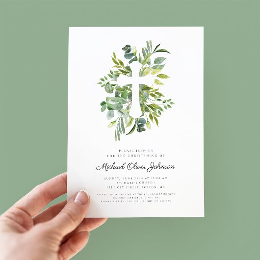 Moderne Religieuze Cross Greenery Christening Kaart