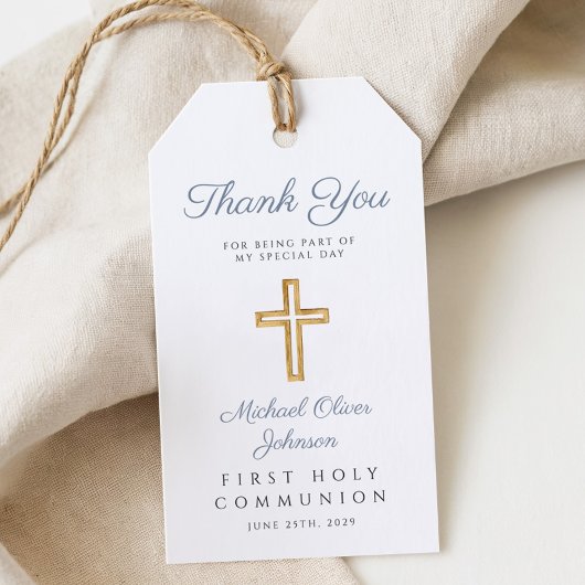 Moderne Religieuze Kruis Jongen Blauwe Eerste Comm Cadeaulabel
