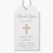 Moderne Religieuze Kruis Jongen Blauwe Eerste Comm Cadeaulabel