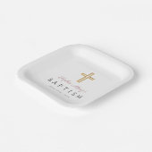 Moderne Religieuze Kruis Roze Script Meisje Doop Papieren Bordje (Gebogen)