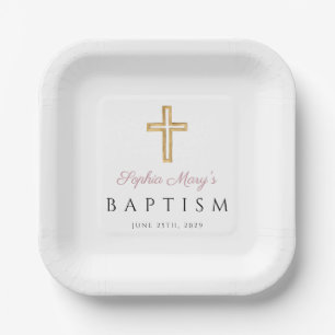 Moderne Religieuze Kruis Roze Script Meisje Doop Papieren Bordje