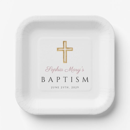 Moderne Religieuze Kruis Roze Script Meisje Doop Papieren Bordje (Voorkant)