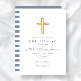 Moderne Religieuze Kruisblauwe Stripes Christening Kaart