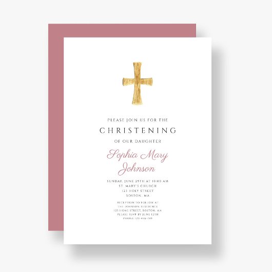 Moderne Religieuze Kruisroze Stripes Christening Kaart