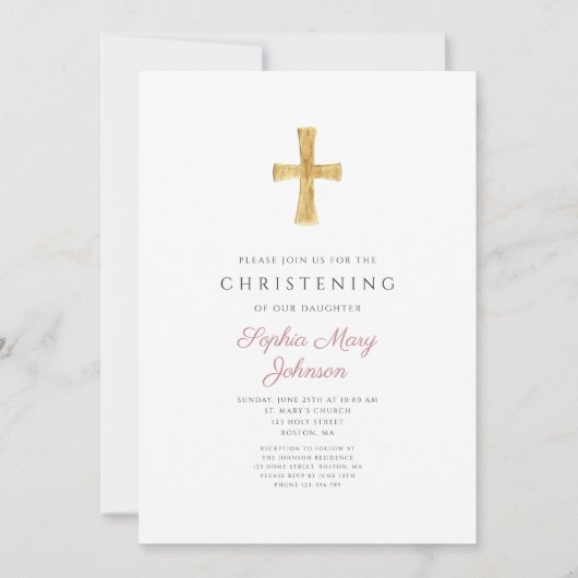 Moderne Religieuze Kruisroze Stripes Christening Kaart (Voorkant)