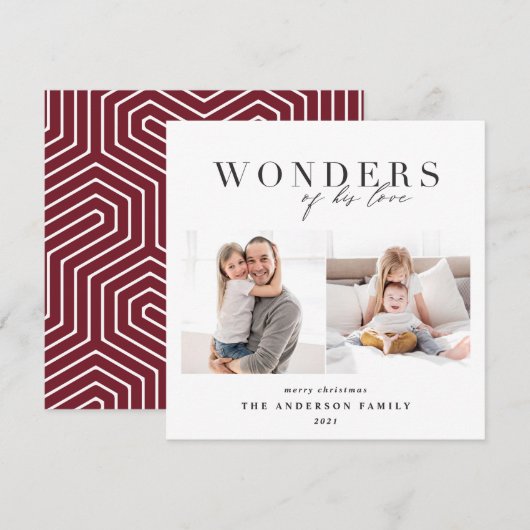 Moderne religieuze rode geometrische 2 foto-kerstm feestdagenkaart (Voorkant / Achterkant)
