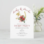 Moderne Renpaard Derby & Drankjes Feest Paardenspo Kaart (Staand voorkant)