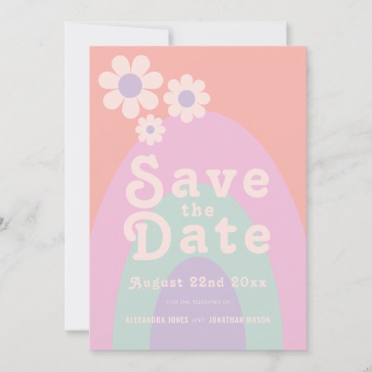 Moderne Retro 70er Jaren Pastel Trouwdag Save The Date (Voorkant)
