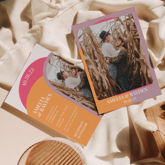 Moderne Retro 70s Arch Foto Bruiloft Uitnodiging