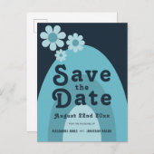 Moderne Retro 70s Bold Blue bruiloft Uitnodiging Briefkaart (Voorkant / Achterkant)