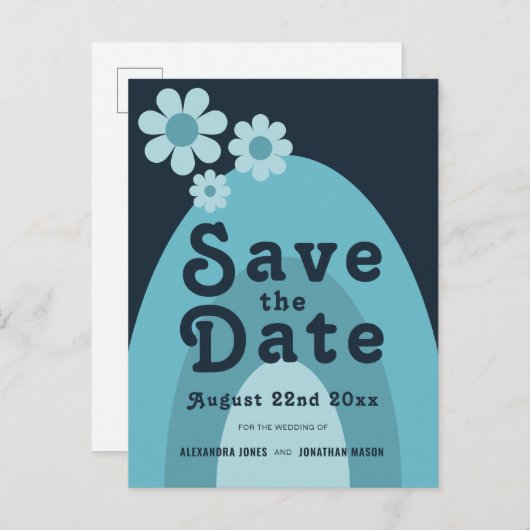 Moderne Retro 70s Bold Blue bruiloft Uitnodiging Briefkaart (Voorkant / Achterkant)