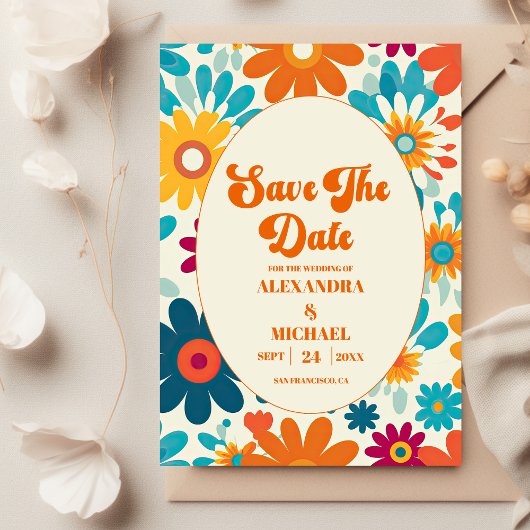 Moderne Retro 70's Daisy bruiloft Save The Date