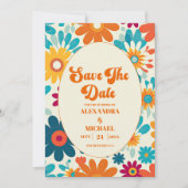 Moderne Retro 70's Daisy bruiloft Save The Date (Voorkant)