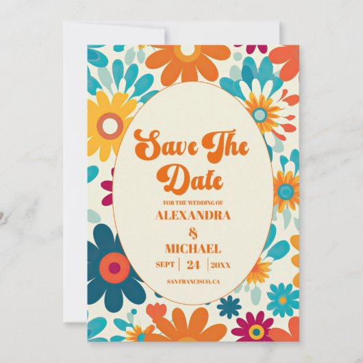 Moderne Retro 70's Daisy bruiloft Save The Date (Voorkant)