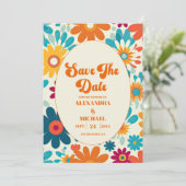 Moderne Retro 70's Daisy bruiloft Save The Date (Staand voorkant)