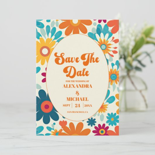 Moderne Retro 70's Daisy bruiloft Save The Date (Staand voorkant)