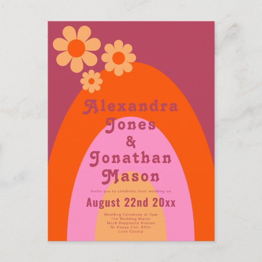 Moderne Retro 70s Groovy Bruiloft Uitnodiging Briefkaart (Voorkant)