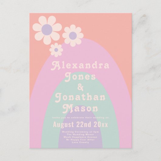 Moderne Retro 70s Pastel bruiloft Uitnodiging Briefkaart (Voorkant)