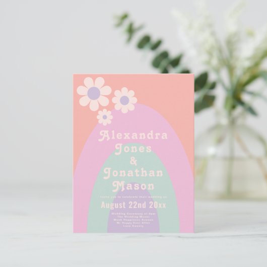 Moderne Retro 70s Pastel bruiloft Uitnodiging Briefkaart (Staand voorkant)